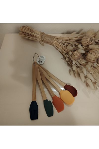 KAPLANBABA Mini Silicone Spatulas and Brushes Set, 5 Pieces, 20 cm Assorted Color with Bamboo Handles