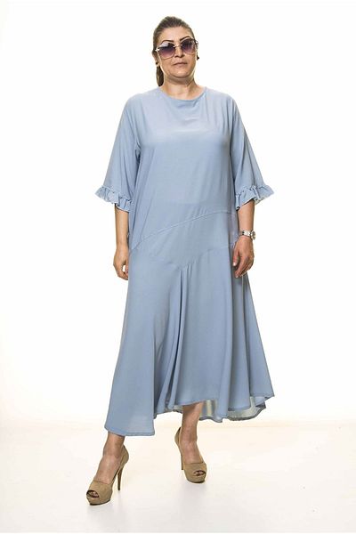 sharin Rochie de damă cu mâneci cu volane, lungă, asimetrică, albastru bebeluș A3-4044