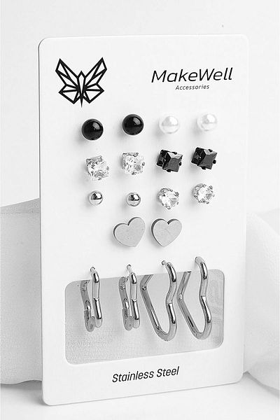 MakeWell Steel Earrings Does Not Lose Color Does Not Tarnish Steel Heart Ring Steel Star Ring Black Pearl and Zircon Stone