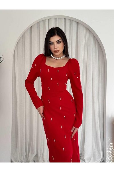 Julidress Red Square Collar Pearl Detailed Slit Premium Long Pencil Dress