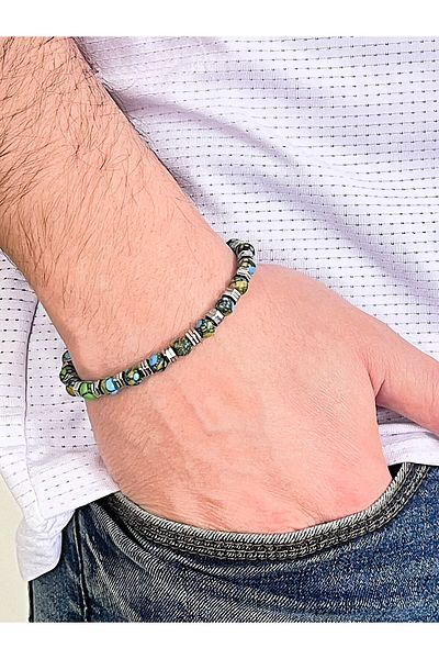 Farah Butik Unisex Natural Arizona Turquoise Stone and Hematite Bracelet Gift Bracelet