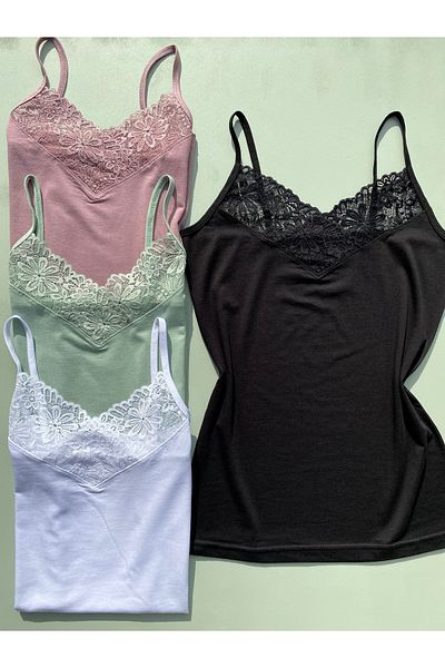 LEYNA BUTİK Women's Modal Fabric Rope Strap V-Neck Lace 4-Piece Black, White, Green and Plum Patterned Undershirt