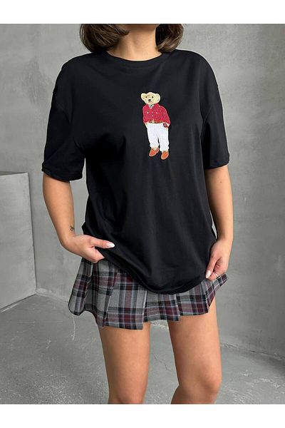 İLKCET MODA Tricou oversize pentru femei cu broderie ursuleț
