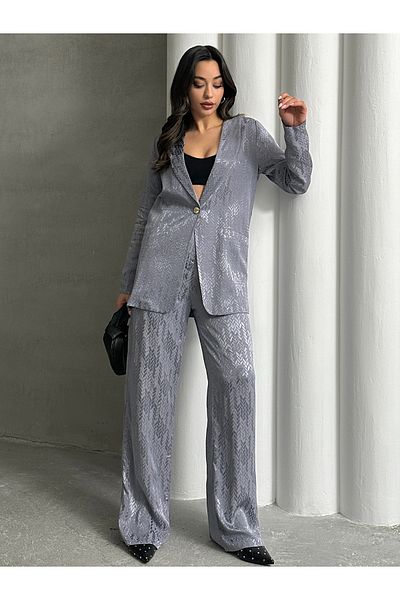 MD trend Women's Sequin Sequin Patterned Double Breasted Jacket and Trousers Set of Two