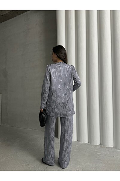 MD trend Women's Sequin Sequin Patterned Double Breasted Jacket and Trousers Set of Two