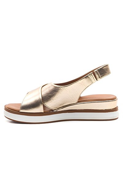 ERNİLA Di̇one Gold Genuine Leather Wedge Heeled Women's Sandals