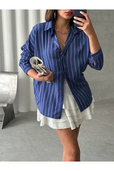 İLKCET MODA Cămașă de damă oversize cu dungi modal