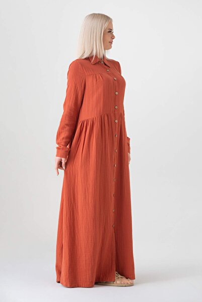 Fashion Showcase Καλοκαιρινό μακρύ χιτζάμπ φόρεμα από μουσελίνα με κουμπιά μπροστά από 100% φυσικό βαμβακερό ύφασμα - πλακάκι