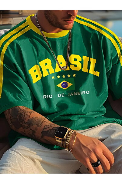 NewCabin New Season Unisex Shoulder Λεπτομερές μπλουζάκι Brasil με στάμπα Ove...