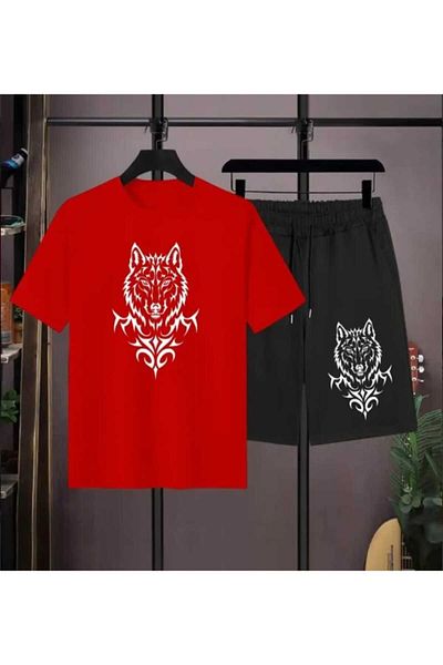 FULL TOLERANCE Wolf Head Printed Casual Comfortable Oversize Men's Crew Neck T-Shirt-Shorts Set