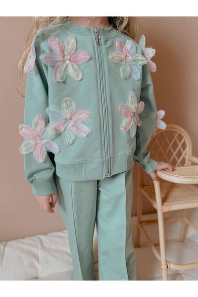 YİGİT BUTİK Floral Embroidered Girl's Cardigan Suit