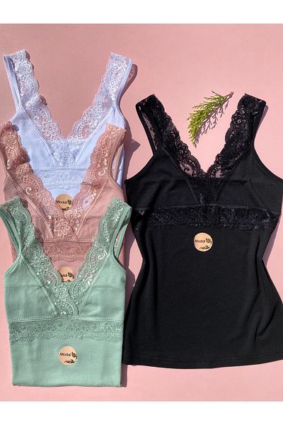 LEYNA BUTİK Women's Modal Fabric Lace Strap V-Neck 4-Piece Green, Powder, White, Black Undershirt