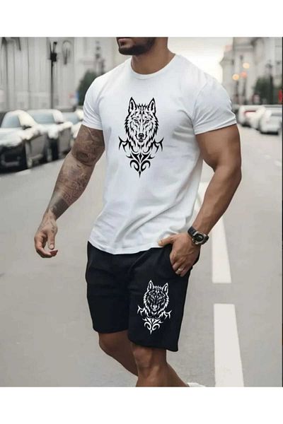 FULL TOLERANCE Wolf Head Printed Casual Comfortable Oversize Men's Crew Neck T-Shirt-Shorts Set