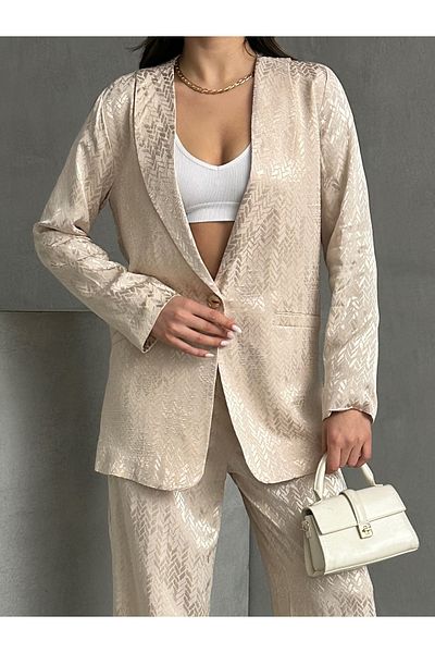 MD trend Women's Sequin Sequin Patterned Double Breasted Jacket and Trousers Set of Two