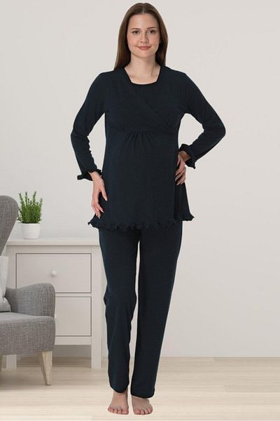 by İGP Navy Blue Hidden Breastfeeding Featured Maternity Maternity Pajama Set