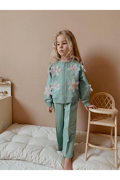 YİGİT BUTİK Floral Embroidered Girl's Cardigan Suit