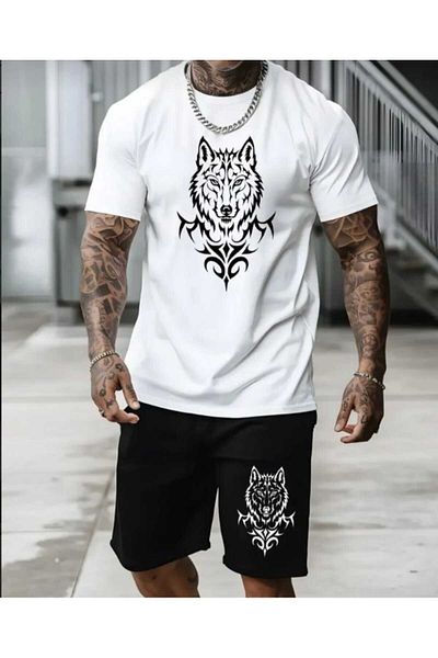 FULL TOLERANCE Wolf Head Printed Casual Comfortable Oversize Men's Crew Neck T-Shirt-Shorts Set