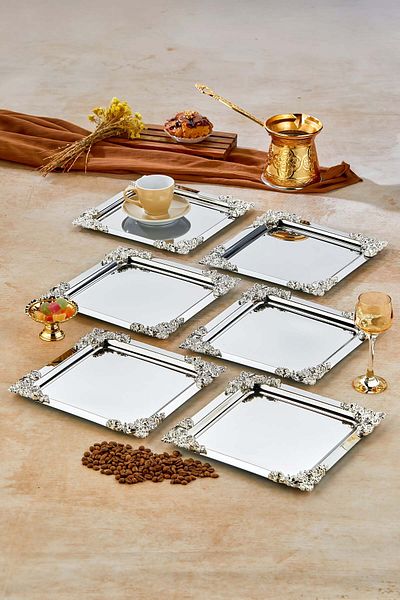 Milenay 6-Piece Metal Decorative Special Design Presentation, Promise Tray Set, Catering Presentation Serving Tray Set