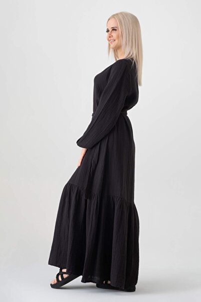 Fashion Showcase Μουσελίνα υφασμάτινη φούστα με κορδόνι 100% βαμβακερό καθημερινό καλοκαιρινό χιτζάμπ - Μαύρο