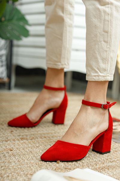 DURUNUN BUTİĞİ Flora Red Ankle Strap Heeled Shoes