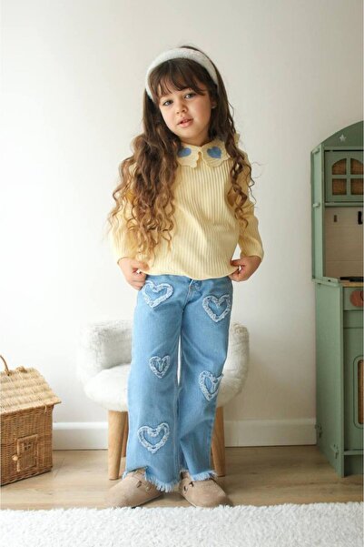 Butik KIZ ÇOCUK KREM KALP DETAYLI KOT TAKIM