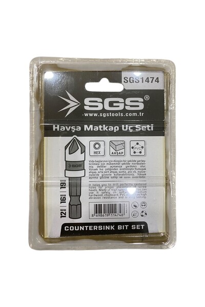 SGS PLUS sgs Havşa Delik Açıcı pvc ahşap Pah  Matkap Ucu 1/4 Hex Saplı Kesici Takım 12mm 16mm 19mm 3 Adet Set