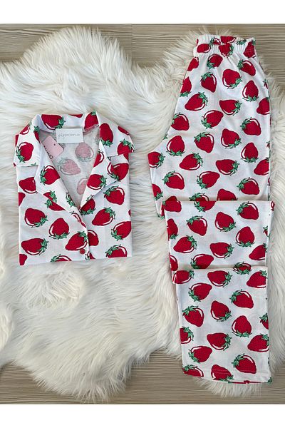 Pijamacs Ecru Strawberry Patterned Cotton Short Sleeve Shirt Collar Pajama Set