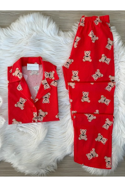 Pijamacs طقم بيجامة بياقة قميص وأكمام قصيرة من القطن منقوشة على شكل دمية دب ب...