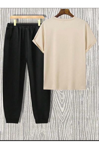LA VESTİTİ Unisex Oversize Beige Paris Design T-Shirt & Black Jogger Tracksuit