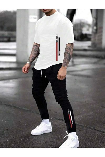 LA VESTİTİ Unisex Oversize White Future Printed T-Shirt-Black Printed Jogger Tracksuit