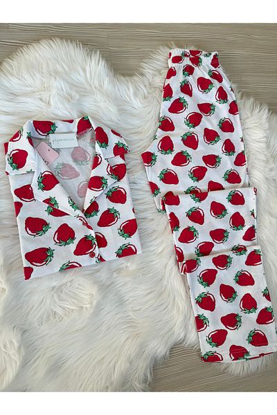 Pijamacs Ecru Strawberry Patterned Cotton Short Sleeve Shirt Collar Pajama Set