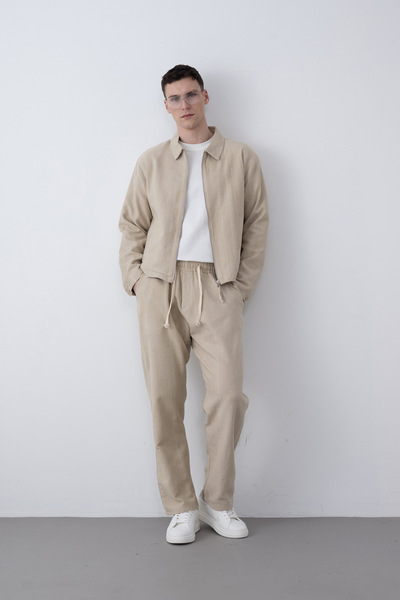 İLKCET MODA Λεπτομέρεια με κορδόνια Μπεζ Oversize Ανδρικό Παντελόνι Bohemian