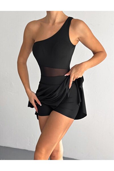 Ligossi Women's Black One Shoulder Tulle Detailed Skirted Shorts Swimsuit
