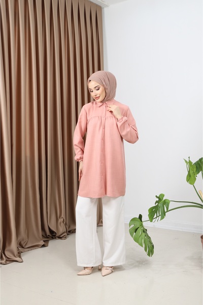 Giyim Gezegeni Women's Imported Linen Tunic Shirt with Gathered Front and Elastic Sleeves