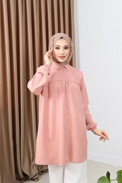 Giyim Gezegeni Women's Imported Linen Tunic Shirt with Gathered Front and Elastic Sleeves