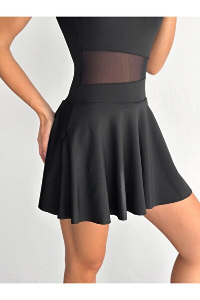 Ligossi Women's Black One Shoulder Tulle Detailed Skirted Shorts Swimsuit