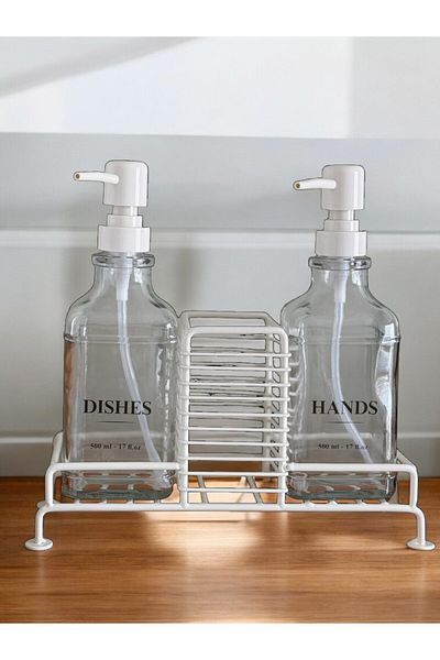 Kitchen Dream Σετ 2 Γυάλινο Υγρό Σαπούνι και Δοχείο Σαπουνιού με Μεταλλική Βάση 500 ml Κρεμ Χρώμα