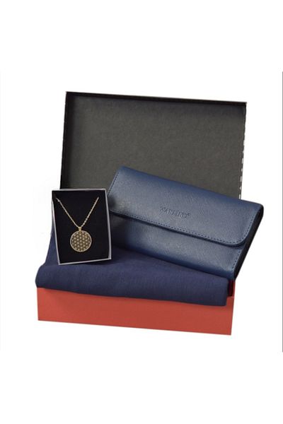 Carlino Women's Gift Set Navy Blue Carlino Wallet Combed Cotton Shawl - Steel Necklace