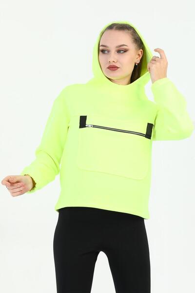 Edelle Neon sarı Kapüşonlu Kanguru Cepli Regular Fit Kadın Sweatshirt