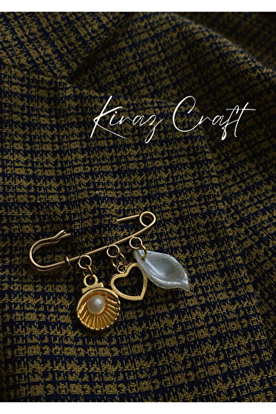 Kiraz Craft İskoç Yaka İğnesi - Kalp ve İstiridye Detay Broş - 1 adet