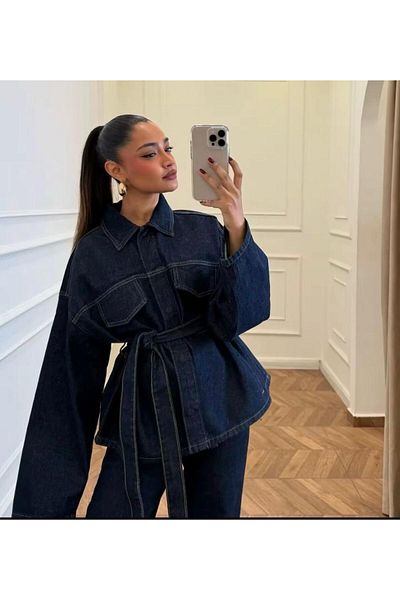 sunfyre Women Dark Navy Blue Belted Denim Jacket Trousers Set