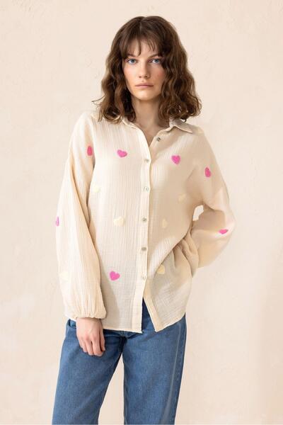 Olcay Heart Embroidered Loose Shirt Bej 9310
