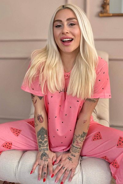 Pijamaevi Powder Fruit Time Patterned Knitted Short Sleeve Women's Pajama Set