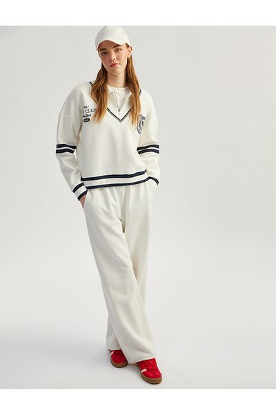 Koton New Season Hooded Embroidery Detailed Striped Oversize Half Zipper Sweatshirt