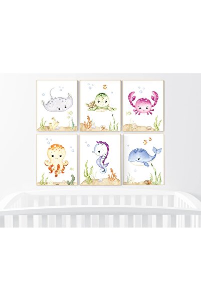 FORONEUS Комплект от 6 картини за детска стая с морски животни