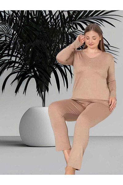 Freeista Plus Size Beige Viscose Pajama Set - Ring