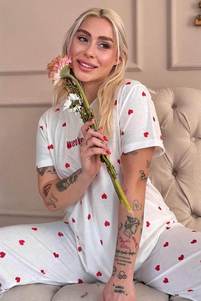 Pijamaevi Red Heart Pattern Knitted Short Sleeve Women's Pajamas Set