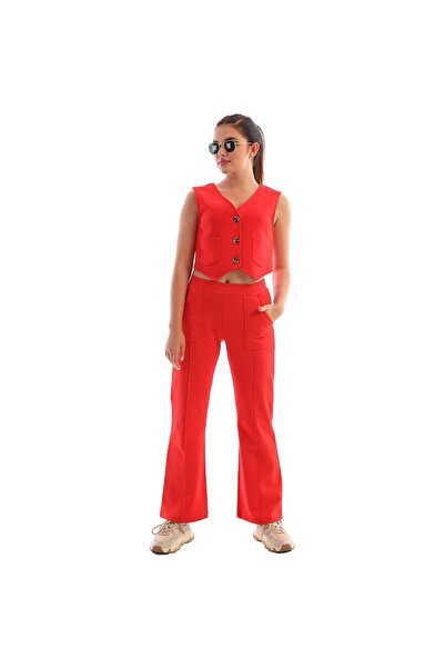 Edelle Kırmızı Yelekli Kadın Eşofman Takımı Slim Fit Pamuklu