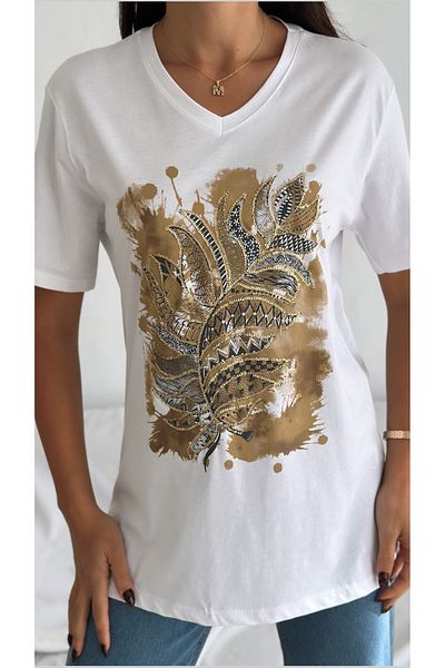 Esra Butik Hane Women's White V-Neck Large Size Leaf Embroidered Sequin Sequin Embroidered 100% Cotton Large Size T-Shirt