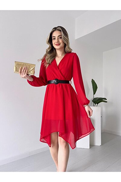 hiraz fashion kadın kırmızı kemerli kruvaze yaka  şifon elbise